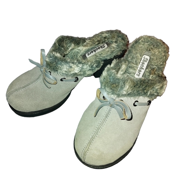 SKECHERS Women's Gray Fur-lined Suede Block Clogs Mules Size 8 - Picture 3 of 7
